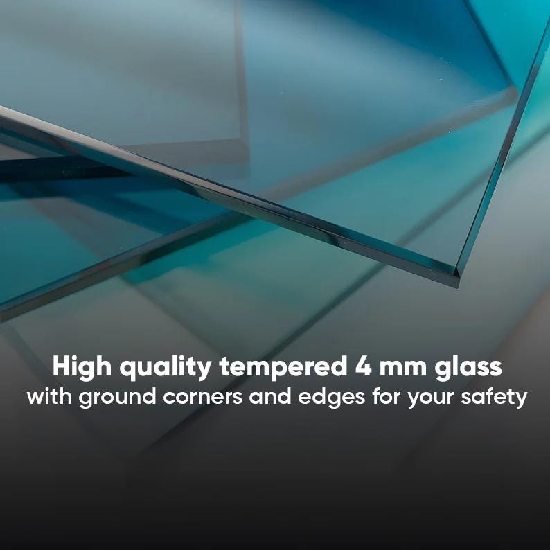 May include: A stack of transparent blue-tinted tempered glass sheets, each measuring 4 mm in thickness. The glass features smooth, ground corners and edges. The text on the image reads: High quality tempered 4 mm glass with ground corners and edges for your safety.