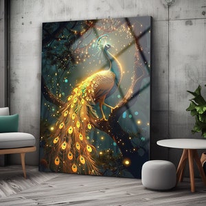 Arte de pared de pavo real, colores vivos, arte de pared con impresión de vidrio templado, alta calidad, idea de diseño de pared, arte moderno de pared, regalo de inauguración de la casa