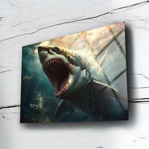 Majestic Shark Tempered Glass Wall Art: Vivid Ocean Colors
