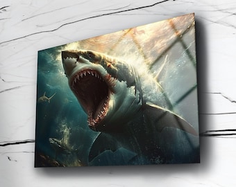 Majestic Shark Wall Art , Shark Wall Art , Ocean Wall Art , High Quality , Tempered Glass Printing Wall Art , Vivid Colors , Birthday Gift