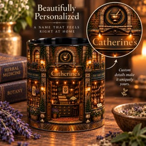 May include: A black ceramic mug featuring a detailed illustration of an apothecary shop storefront with brick walls, warm lighting, and the name Catherine's displayed on a sign above the entrance, surrounded by shelves of bottles and plants.