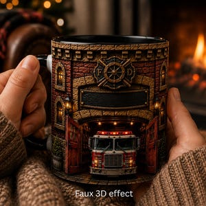 Puede incluir: Una taza de cerámica con un gráfico detallado de una estación de bomberos de ladrillo con una puerta abierta que revela un camión de bomberos rojo. El diseño incluye un emblema central con las letras FD y el texto Faux 3D effect en la parte inferior.