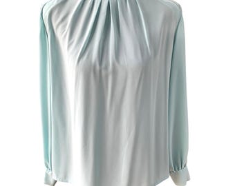 Vintage Pendleton Blouse Women's Petite 10P High Neck Aqua Blue Retro Old Money