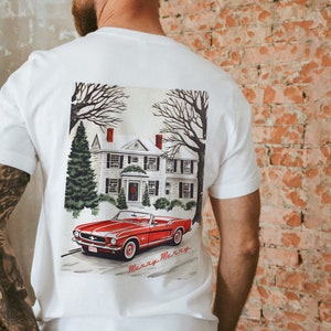 Classic Car Christmas Tshirt - Red Convertible in the Snow