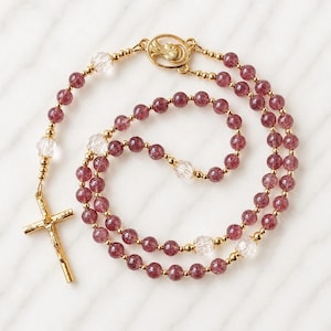Strawberry Quartz & Clear Quartz Catholic Rosary | Mulberry-Toned Gemstone | Gold Accents | Living Light Collection