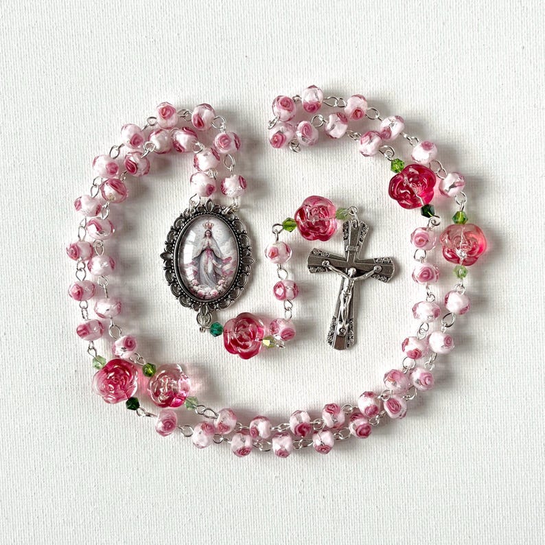 Queen of Roses Rosary | Floral Lampwork & Glass Rose Bead Catholic Rosary | Rejoicing Light Collection image 2