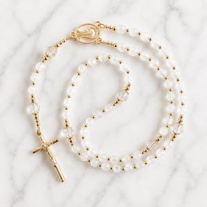 Moonstone & Clear Quartz Catholic Rosary | Ethereal White Gemstone | Gold Accents | Living Light Collection