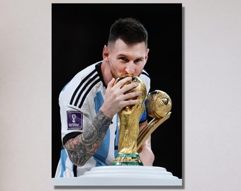 Póster de campeón de Argentina con beso de la Copa Lionel Messi, lienzo de la leyenda de Lionel Messi, arte de pared de Lionel Messi, arte de pared en lienzo de fútbol, decoración de habitación para niños