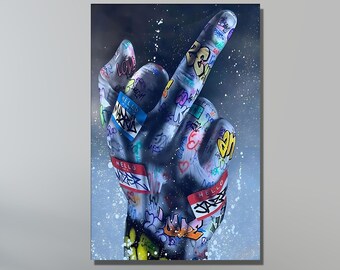 中指バンクシーキャンバスウォールアート、グラフィティウォールデコ