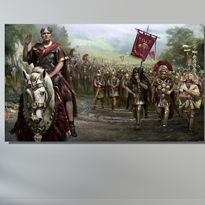 May include: A painting depicting a Roman general on horseback leading a legion of soldiers. The general is wearing a red and gold tunic and a laurel wreath. The soldiers are carrying shields and spears. The painting is set against a backdrop of a forest and hills.