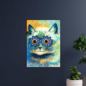 Può includere: Ritratto colorato di un gatto con tonalità blu, verdi e arancioni. Gli occhi del gatto sono sostituiti da fiori blu, su uno sfondo floreale astratto. L'opera d'arte è appesa a una parete.
