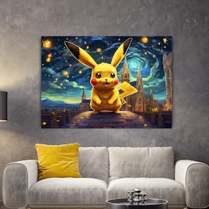 May include: A rectangular wall art print featuring a yellow Pikachu character with red cheeks standing on a stone path. The background depicts a dark blue night sky with swirling clouds, glowing golden lights, and tall gothic-style stone buildings.