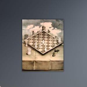 May include: A surrealist painting of a chessboard with chess pieces on it. The board is tilted and appears to be floating in the air. The pieces are all in different positions, some are on the board and some are off the board. The background is a cloudy sky.