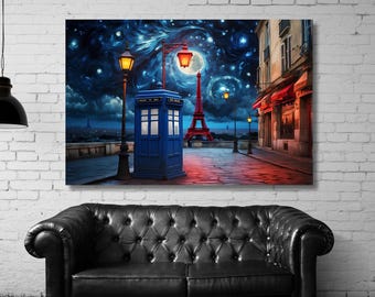 Arte de parede Doctor Who Tardis Box Paris, presente, impressão em tela Doctor Who Tardis, decoração de escritório, pintura, pôster em tela Doctor Who Tardis Box