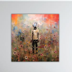 May include: A painting of a person standing in a field of flowers. The person is wearing a white shirt and black pants. The person's head is covered by a round, silver object. The background is a blurry mix of green, blue, and red.