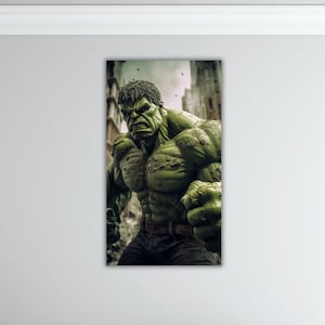 May include: A green, muscular, and angry-looking Hulk character with a ripped, green shirt and black pants. The character is standing in a city setting with a blurry background.