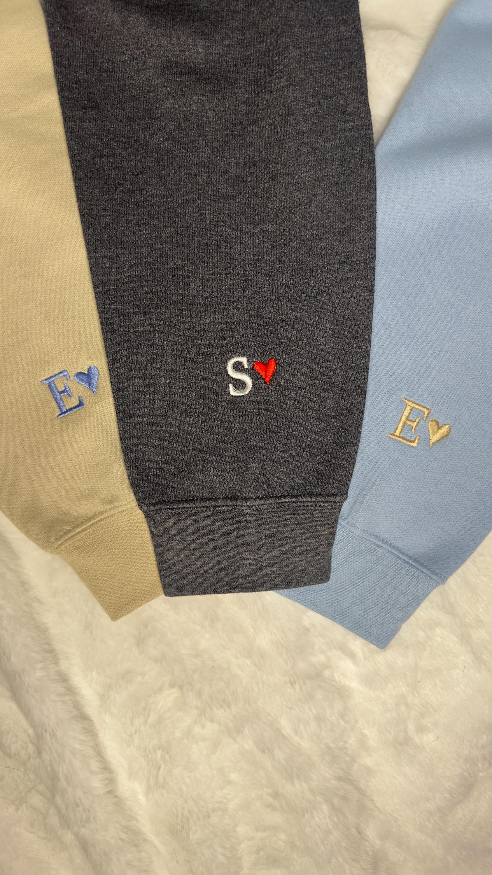 Custom Embroidered Initial Heart Sweatshirt,Couple Sweatshirt,Valentine's Day Gift,Initial on Sleeve,Personalized Couples Gifts,Gift for Her