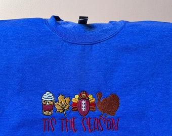 Tis het seizoen geborduurd sweatshirt, Thanksgiving shirts, geborduurd Thanksgiving sweatshirt, Turkije shirt, grappig geborduurd shirt