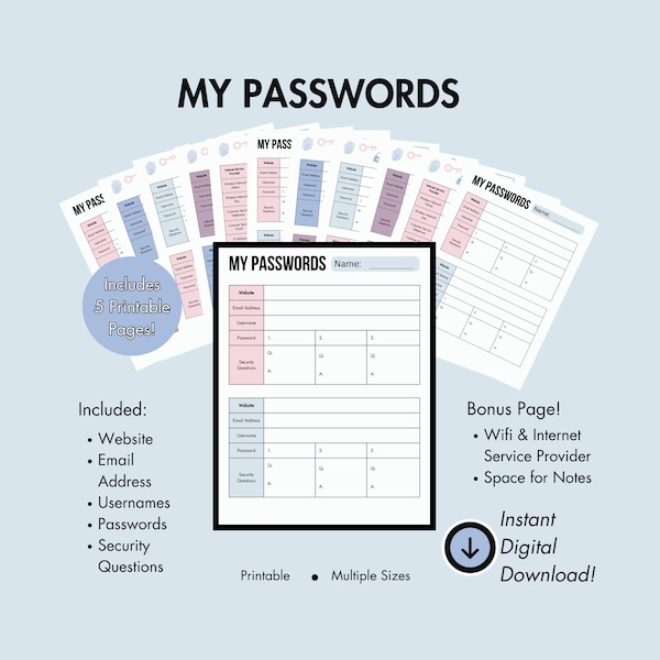 Digital Password Log | My Passwords | Downloadable PDF | 5 Pages + Notes | Tracker, Journal, Keeper