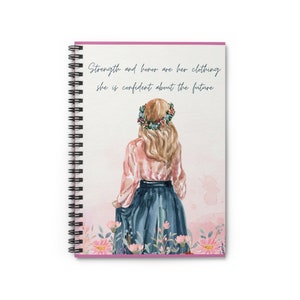 May include: A watercolor illustration of a woman with blonde hair wearing a floral crown and a blue skirt. The background is a soft pink with watercolor flowers. The text "Strength and honor are her clothing, she is confident about the future" is written in blue.