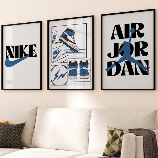 Hypebeast Sneaker Poster Set van 3 Hypebeast Wall Decor Blauwe Sneakerhead Decor Blauwe Sneaker Poster