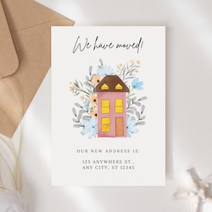 Tarjeta de anuncio de mudanza, tarjeta de nueva dirección, nos hemos mudado, apartamento de casa nueva, plantilla de Canva editable