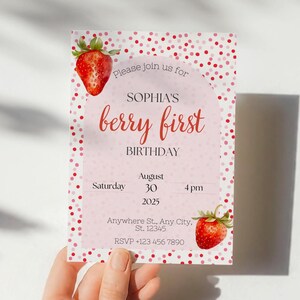 Berry First Birthday Invitation, Strawberry 1st Birthday Invite, Strawberry First Birthday Invitation Girl, Editable Canva Template