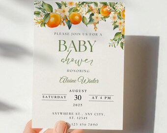 Pode incluir: Um convite de chá de bebê branco com uma borda floral de flores de laranjeira e folhas verdes. O texto diz "Por favor, junte-se a nós para um chá de bebê em homenagem a Alaine Winter, sábado, 30 de agosto de 2025 às 16h, Anywhere St., Any City, ST. 12345, 123 456 7890."