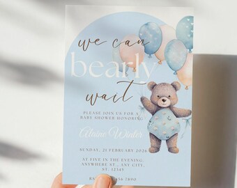 We Can Bearly Wait Baby Shower Invitation, Teddy Bear Blue Balloons Baby Shower Template, Editable Canva Template, Invite For A Boy