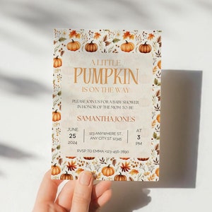 Pumpkin Baby Shower Invitation, Fall Baby Shower Invitation, A Little Pumpkin Is On The Way, Genderneutral,  Editable Canva Template