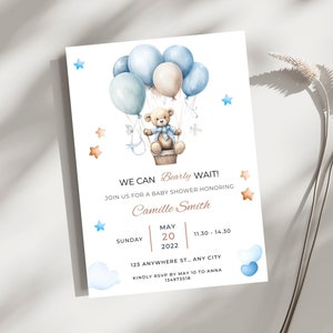 Editable Baby Shower Invitation, We Can Bearly Wait, Bear With Blue Balloons, Invite For A Boy, Canva Template, Digital Invite