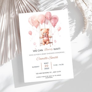 Editable We Can Bearly Wait Baby Shower Invitation, Baby Shower Invite Bear With Pink Balloons, Invite For A Girl, Canva Template