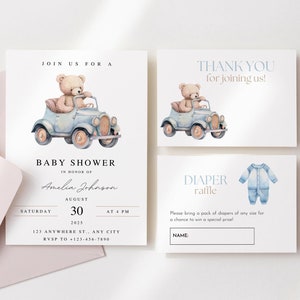 Lot d'invitations pour baby shower ours en peluche, ours en peluche dans une voiture bleue, invitation baby shower pour garçon, futur bébé, modèle de toile, invitation numérique