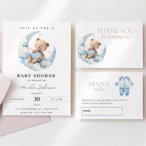 Pacchetto invito baby shower orsetto, orsetto luna nuvola stelle, invito baby shower per bambino, in attesa del bambino, modello Canva