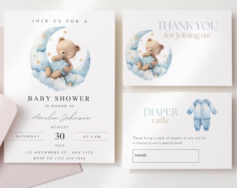 May include: A baby shower invitation set featuring a blue and white watercolour illustration of a teddy bear sleeping on a crescent moon. The invitation includes the text "Join us for a Baby Shower in honour of Amelia Johnson, August 30, 2023, at 4 PM, 123 Anywhere St., Any City, RSVP to +123-456-7890". The thank you card says "Thank you for joining us!" and the diaper raffle card says "Diaper Raffle, Please bring a pack of nappies of any size for a chance to win a special prize! Name:"