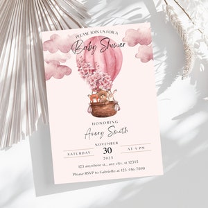 Modelo de convite para chá de bebê com nuvens de balão de ar quente rosa, coelho raposa urso na cesta, convite para uma menina, convite digital, download instantâneo
