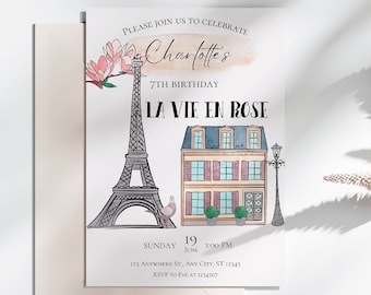 Invito di compleanno a Parigi, invito alla festa della vita parigina, Torre Eiffel, invito francese europeo per ragazze, modello Canva modificabile