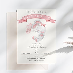 Faire-part de baby shower lapin, invitation de baby shower modifiable lapin rose, invitation pour une fille, modèle de toile, invitation numérique