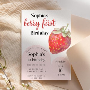 Berry First Birthday Invitation, Strawberry 1st Birthday Invite, Strawberry First Birthday Invitation Girl, Editable Canva Template