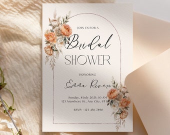 Peach Orange Floral Bridal Shower Invitation, Arch Border With Orange and White Peony Roses, Editable Invite Digital Canva Template