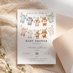 Baby Clothes Baby Shower Invitation Brown Teddy Bear Colorful Laundry Washing Line Pyjamas Invite Gender Neutral Editable Canva Template