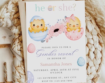 Easter Gender Reveal Party Invitation, Easter Eggs Chicks Gender Reveal, He or She, Boy or Girl, Gender Announcement, Editable Template