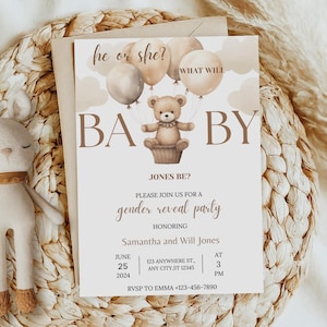 Gender Reveal Party Invitation Teddy Bear Holding Balloons Clouds He or She? Boy or Girl? Neutral Beige Color Editable Canva Template
