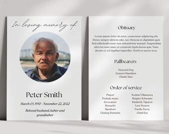 Funeral Program Template For Men Modern Minimalistic Design In Loving Memory Of Celebration Of Life Memorial Editable Canva Template