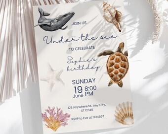 Under The Sea Birthday Invitation Template, Kids Party Invite Ocean Animals, Beach Sea Turtle Shell Coral, Editable Template Canva