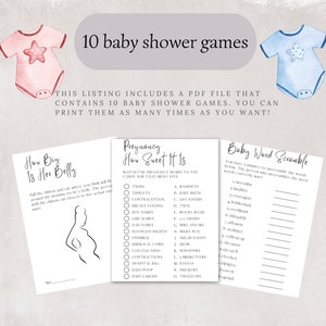 Baby Shower Games, Printable Pregnancy Games, Bingo, Word Scramble, Who Knows Mommy Best, Neutral Black and White PDF file