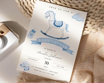 Edytowalne zaproszenie na baby shower, niebieski koń na biegunach, zaproszenie dla chłopca, oczekiwanie na dziecko, szablon Canva, cyfrowe zaproszenie