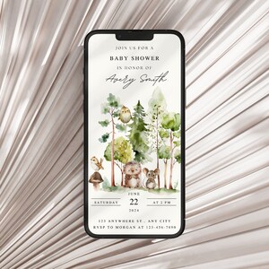 Woodland Baby Shower Invitation Electronic E-Vite, Forest Animals Baby Shower Phone Invite, Digital Email Phone Invite, Canva Template