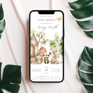 Woodland Baby Shower Invitation Electronic E-Vite, Forest Animals Baby Shower Phone Invite, Digital Email Phone Invite, Canva Template