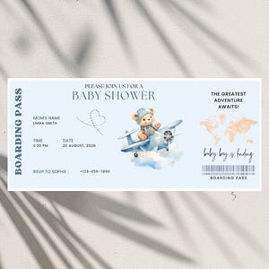 Instapkaart babyshower uitnodiging, originele reizen babyshower uitnodiging, teddybeer in een vliegtuig, blauwe uitnodiging jongen, bewerkbare canva-sjabloon